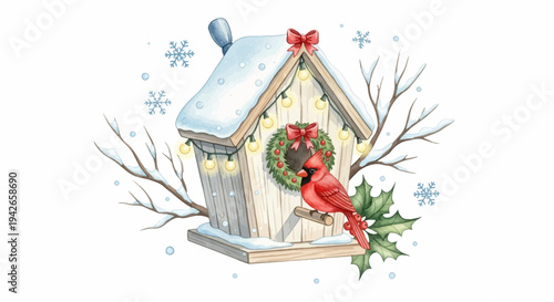 Festive cardinal perched on a snowy birdhouse adorned with holiday lights and decorations