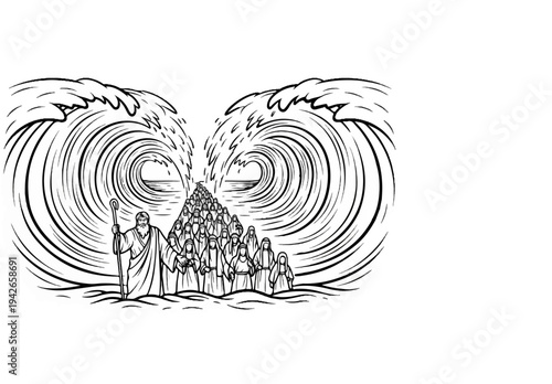 Figures with staffs walk parting powerful ocean waves