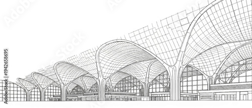 Sketch of a grand terminal with arched glass roof supported by tree-like columns