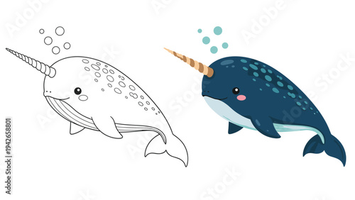 Adorable narwhal whale shown in both a detailed black and white line art and a finished dark blue colored version.