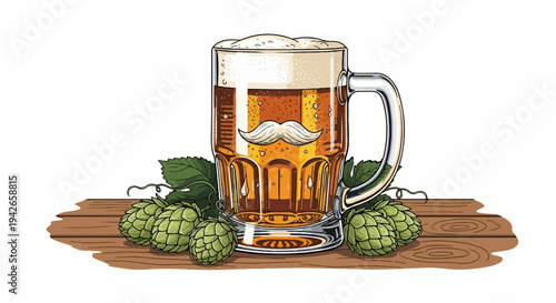 Frothy beer mug with mustache adorned, surrounded by fresh hops on wood