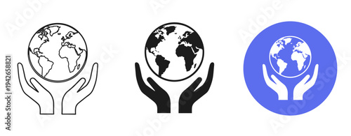 Hands holding earth icons in black and white designs