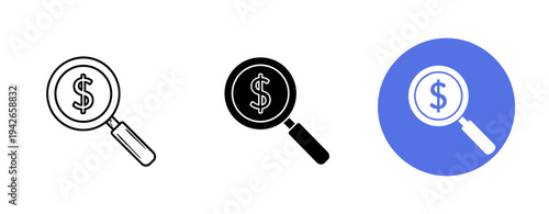 Magnifying glass with dollar sign icon in three styles on white background