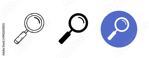 Magnifying glass icons: outline, silhouette, and blue circle background