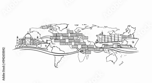 Global transportation network connecting landmarks and cargo ships