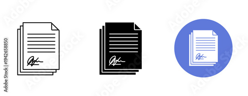 Document icons with signatures: black, white, and blue variants