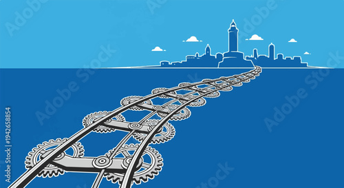 Futuristic roller coaster track with gears leading to a city skyline