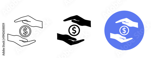 Three stylized hand and dollar coin icons on white and blue backgrounds