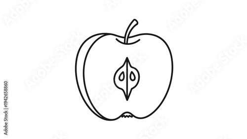 Simple and clean line art drawing of a halved apple showing the core and seeds inside on a white background.