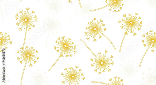 Delicate yellow dandelion seeds float across a clean white background