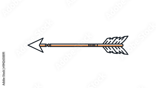 Traditional arrow with a sharp metal tip and feathered fletching presented as a clean and simple colored line art.