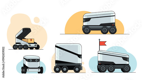 Set of technical illustrations showing various angles and configurations of modern autonomous delivery robots for urban logistics solutions.