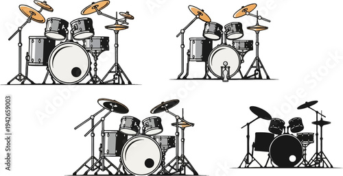 Multiple illustrated drum sets with cymbals and stands
