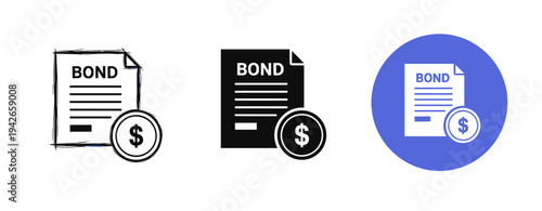 Variety of bond icons: sketch, solid, and circular designs with dollar symbol