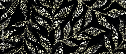 Seamless dotted leaf pattern with white foliage on black background. Modern botanical design in halftone dot style, ideal for fabric, wallpaper, packaging, fashion and home decor