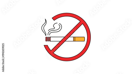 Universal no smoking prohibition sign featuring a red circle and slash over a lit cigarette with realistic smoke trails for health awareness.