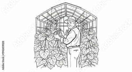 Gardener tending to abundant cucumber plants inside a greenhouse