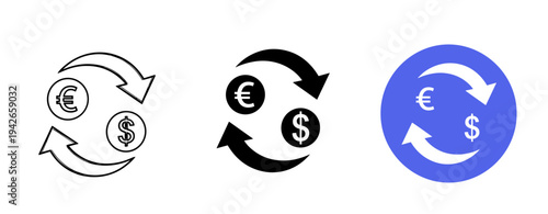 Currency exchange arrows with euro and dollar symbols in black and blue circles
