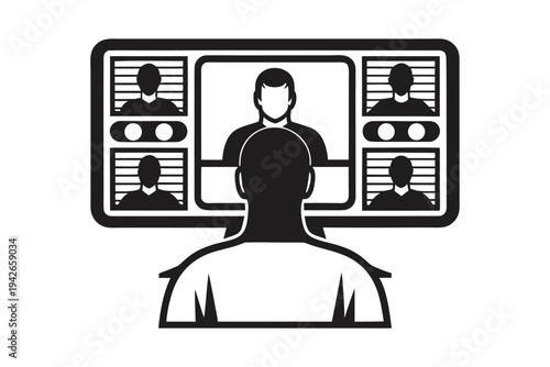 Man Watching Video Conference Call on Monitor, Illustration, White Background
