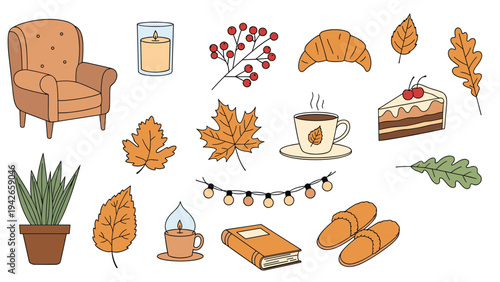 Cozy autumn collection of illustrated items including a comfortable armchair, warm drinks, fallen leaves, and home decorations for fall vibes.