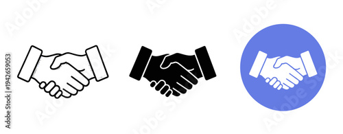 Three handshake icons in black and white and blue background design