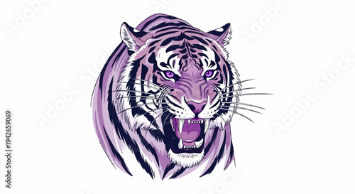 Close-up pixelated portrait of a ferocious purple tiger with glowing eyes