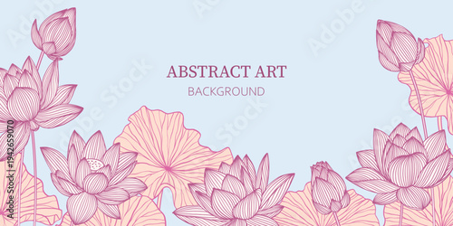 Floral border. Luxury dark blue vector background with lotus flower, leaves and buds. Elegant floral wallpaper in minimalistic linear style