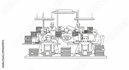 Office workers at desks with stacks of papers, surveillance cameras, and an eye
