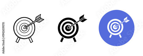 Three icon styles of archery targets with arrows hitting bullseye on white background