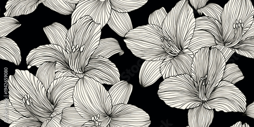 Luxury background with lily flowers seamless pattern. Hand drawn botanical elegant black and white lily flower in line art style. Vector card, wedding invitation, wallpaper, cover.
