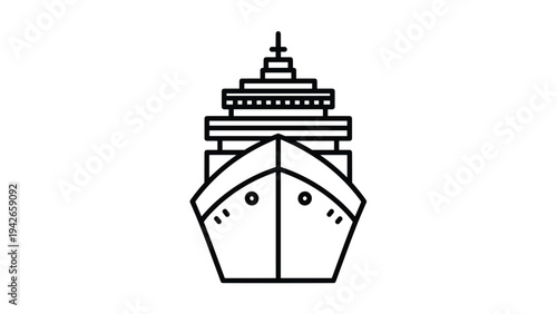 Frontal view line drawing of a massive cruise ship or ocean liner showing multiple decks and structural details for maritime travel themes.