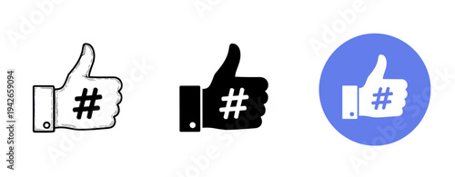 Thumbs up icon set with hashtags in black and blue design