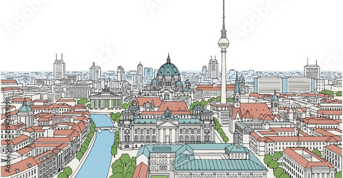 Stylized cityscape illustration featuring prominent historical and modern buildings with a river