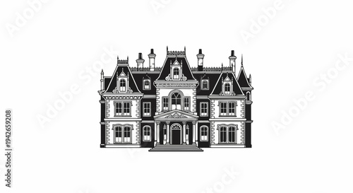 Ornate, detailed illustration of a grand, multi-story mansion with a mansard roof