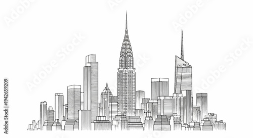 Detailed ink sketch of a city skyline with iconic skyscrapers and varying building heights