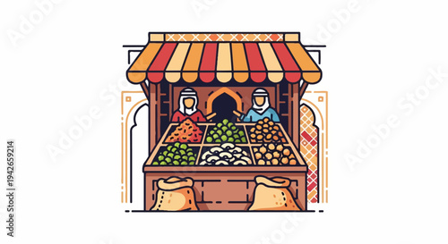 A vibrant market stall displays colorful produce with two vendors in traditional attire