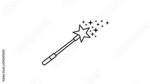 Magical illustration of a classic star-tipped magic wand casting a spell with shimmering sparkles and star shapes trailing from its tip.