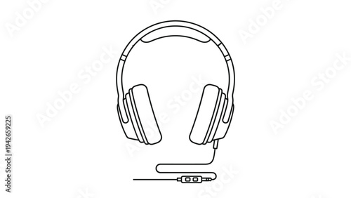 Technical line drawing of over ear headphones with a connected wire and inline remote control for audio and music listening themes.