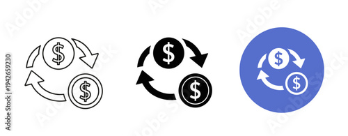 Currency exchange icon set with arrows and dollar symbols in black and blue design