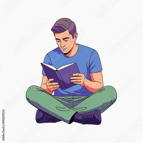 Young man calmly reading book sitting cross-legged white background, education and leisure concept
