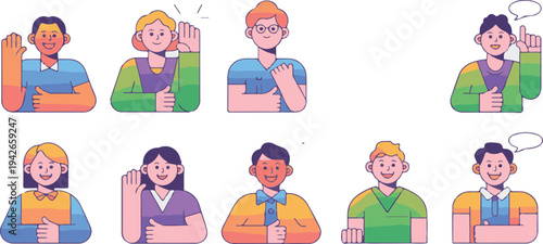 Colorful cartoon people gesturing and talking to each other in various friendly ways