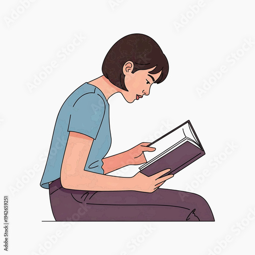 Young woman calmly reading book sitting profile view white background, education and leisure concept