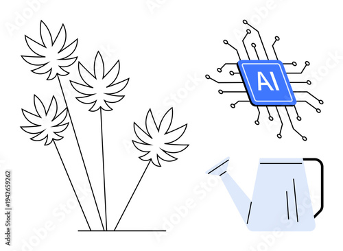 Artificial intelligence, sustainability, cannabis farming, smart agriculture, innovation, digital tools. Cannabis plant, AI chip watering can. Smart agriculture and artificial intelligence concept