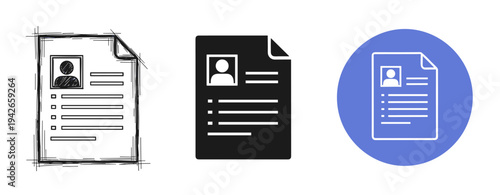 Resume icons: hand-drawn, solid black, and blue circle variations