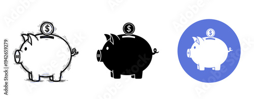 Piggy bank icons in black and white with blue background