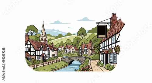 Idyllic village scene with a river, bridge, church, and timber-framed buildings