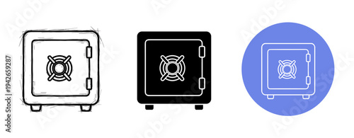 Set of safe icons: outline, solid, and circular blue background variations