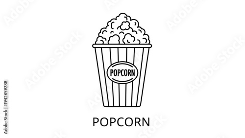 Minimalist black and white line drawing of a full bucket of popcorn with the word popcorn written clearly at the base for cinema themes.