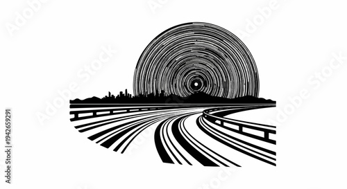 Curved highway leads to a city skyline under a circular starry sky