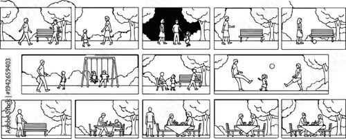 Park scenes people walking, playing, sitting, and picnicking